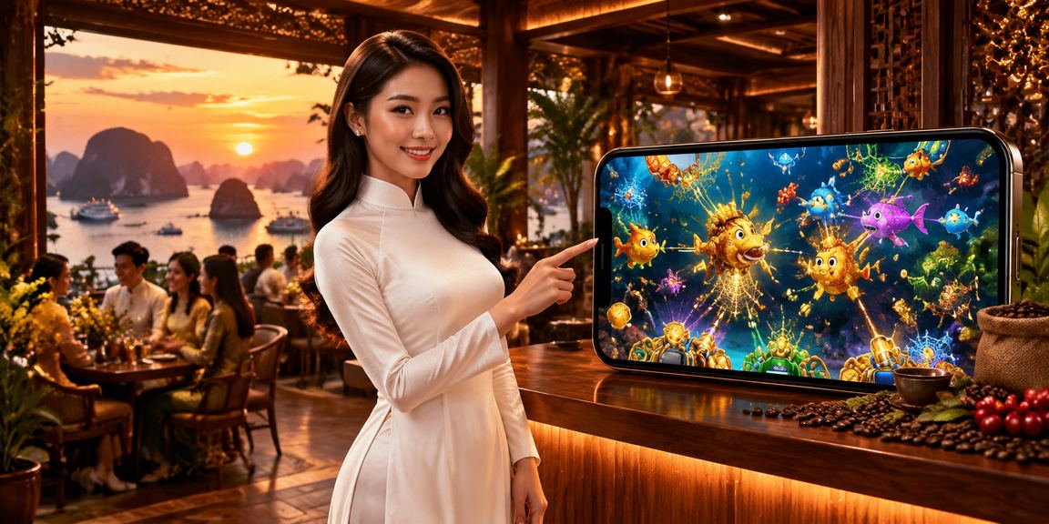 Cảnh chơi Bắn Cá trực tuyến với bối cảnh vịnh Hạ Long và tà áo dài truyền thống