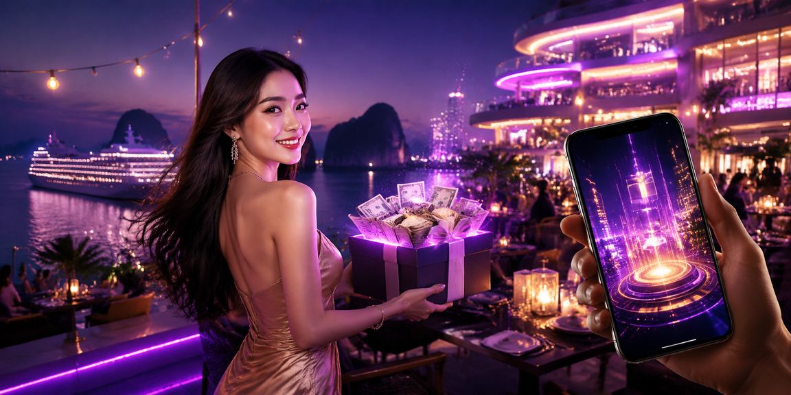 Giao diện casino di động neon rực rỡ bên vịnh Hạ Long